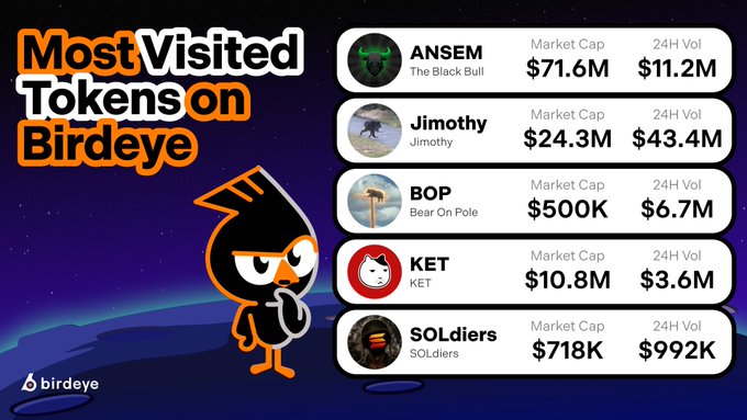A graphic from Birdeye titled "Most Visited Tokens on Birdeye" displays the top 5 tokens by 24-hour views: $ANSEM (The Black Bull) leading at $71.6M market cap, followed by $Jimothy ($24.3M), $BOP (Bear On Pole, $500K), $KET ($10.8M), and $SOLdiers ($718K). The accompanying post highlights that token visits serve as a market attention signal, featuring $ANSEM and $Jimothy as the top two most-viewed tokens in the last 24 hours.