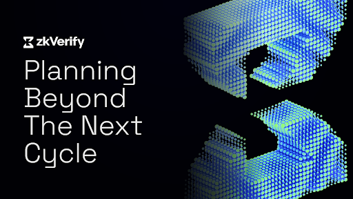 A black promotional graphic for "zkVerify" displays the tagline "Planning Beyond The Next Cycle" alongside stylized 3D-rendered geometric shapes in blue, cyan, and green gradients. The abstract digital forms visually evoke cryptographic proof structures, aligning with the post's message about zkVerify's direct verification of STARK proofs without compromising quantum-resistant security.