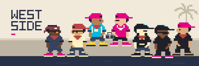 Pixel art banner reading 'WEST SIDE' featuring a lineup of six cartoon characters in hip-hop style streetwear with pink hats and sneakers, with one holding a boombox.