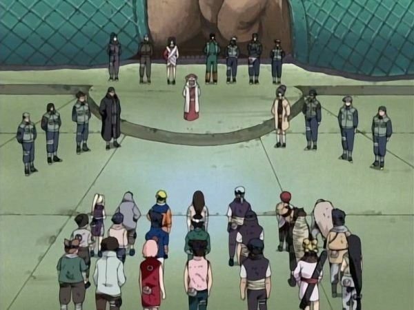 An animated scene showing ninja characters arranged in a circle around a central figure, resembling a village council scene from Naruto.