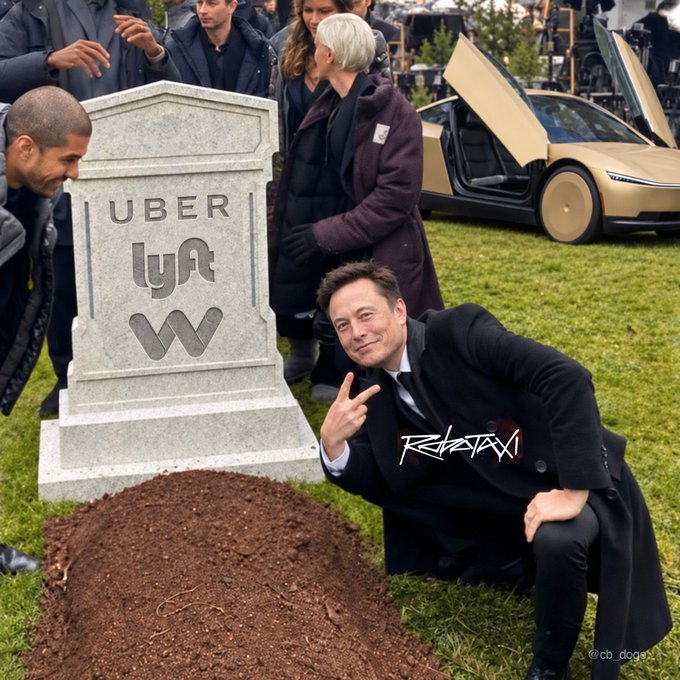 A humorous digitally edited image shows Elon Musk crouching next to a fake gravestone engraved with the logos for 'UBER,' 'lyft,' and 'Waymo,' flashing a peace sign in front of a parked tan car. The image has an 'REDRATXI' watermark and is credited to '@cb_doge'.