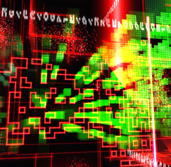 An abstract digital artwork featuring red and green pixelated squares and glowing lines creating a futuristic, Matrix-like aesthetic.