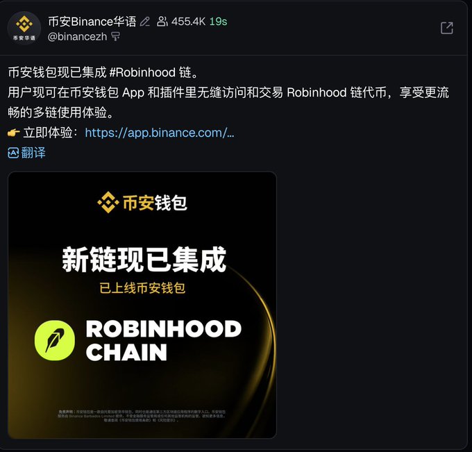 The image is a Binance announcement post stating that Binance Wallet has integrated Robinhood Chain, with a promotional graphic reading "新链现已集成 已上线币安钱包 ROBINHOOD CHAIN." This supports the post's message that even Binance is backing Robinhood Chain over BSC, signaling that users should shift their focus to Robinhood.