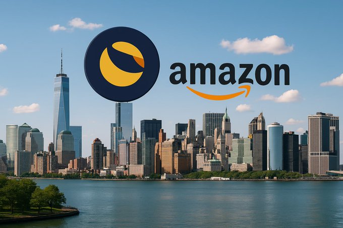 The image features the Amazon logo superimposed over the New York City skyline, with the Hudson River in the foreground. It visually reinforces the post's suggestion that Amazon should consider integrating $LUNC (Terra Luna Classic) as a payment option for modern e-commerce.
