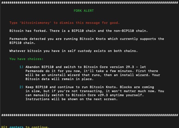 A terminal screen displaying a 'FORK ALERT' message about Bitcoin, noting that 'Bitcoin has forked. There is a BIP110 chain and the non-BIP110 chain' and offering options to switch to Bitcoin Core v29.3 or continue with Bitcoin Knots.