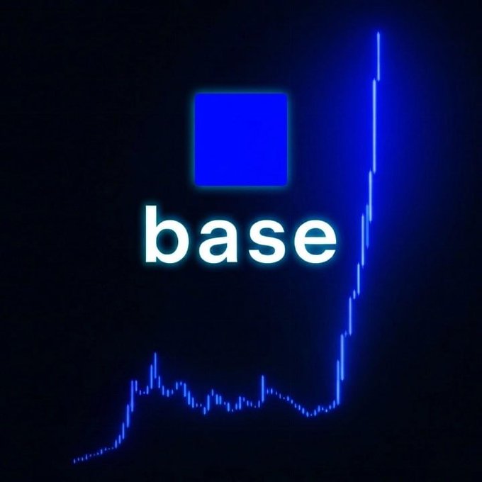Glowing blue 'base' logo over a rising stock chart on a dark background, referencing the Base cryptocurrency token.