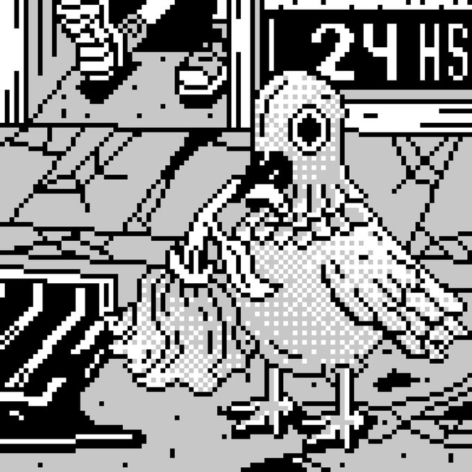 Black and white pixel art illustration of a chicken or bird in what appears to be a store setting with '24 H' text visible.