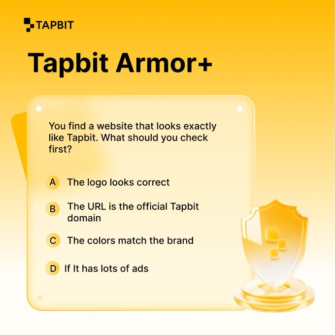 A yellow-themed educational graphic by Tapbit titled "Tapbit Armor+" presents a security awareness quiz, asking users to identify the most important thing to check when encountering a website that resembles Tapbit, with options including logo verification, URL/domain confirmation, brand colors, and ad frequency, alongside a golden shield icon symbolizing protection.