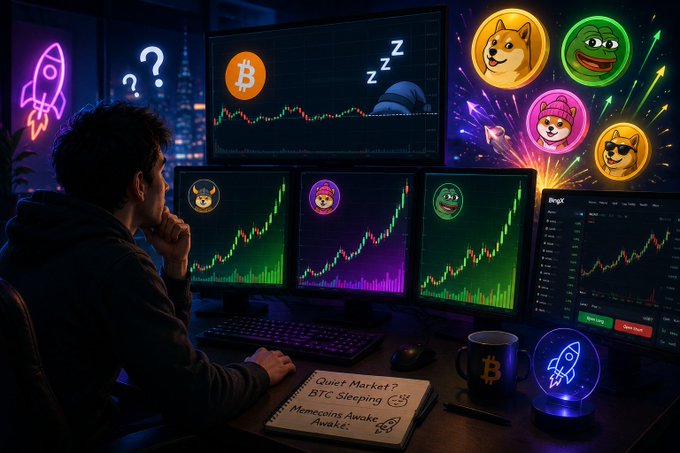 A moody image of a person at a multi-monitor trading setup with Bitcoin (BTC) charts on screen, surrounded by neon meme coin icons and a notebook labeled 'Quiet Market? BTC Sleeping - Memecoins Awake.'