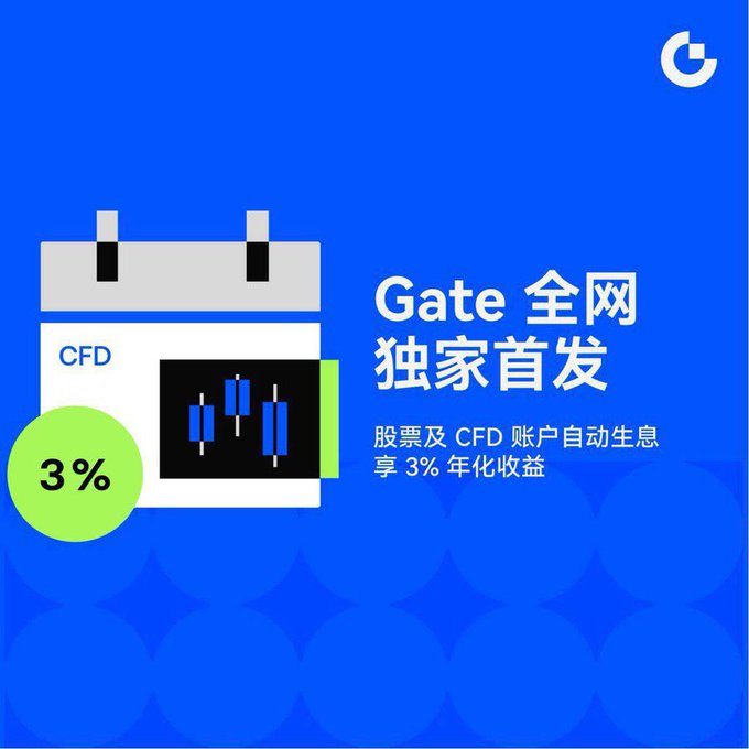 A blue promotional advertisement from Gate.io featuring Chinese text announcing an exclusive launch of 3% annual yield for stocks and CFD accounts.