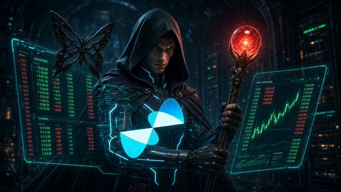 A hooded warrior holding a glowing red orb staff stands amid floating holographic trading panels displaying ticker symbols and price data, with a glowing blue butterfly emblem overlaid on his chest. The sci-fi imagery visually reinforces the post's theme of checking live swap orders on Quip Network, suggesting the user has transitioned from simulated to real trading—symbolically "wielding" real on-chain fills rather than paper trades.