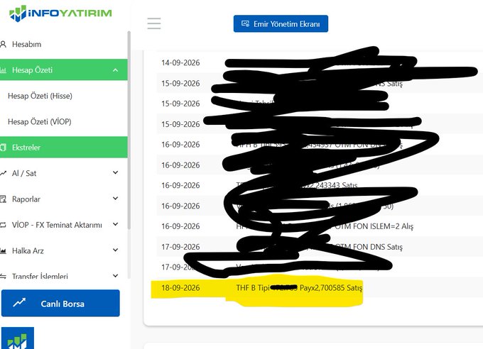 A view of the Infomusgetirim trading platform showing an account summary screen with transaction history; the highlighted entry at the bottom reads "18-09-2026 THF 8 Tipi Payx2,700$5 Satış," indicating a recent sale of THF (Tera Yatırım) shares, while most transaction details are blacked out, reflecting the user's complaint that the funds have appeared but are blocked in their account.