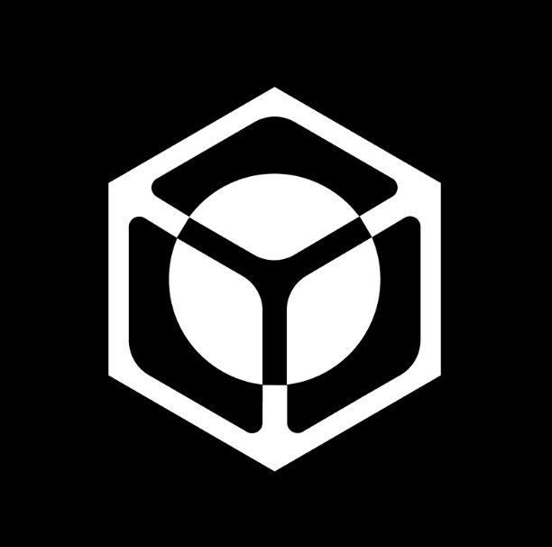 A simple black and white geometric logo featuring a hexagon containing a cube/sphere design.