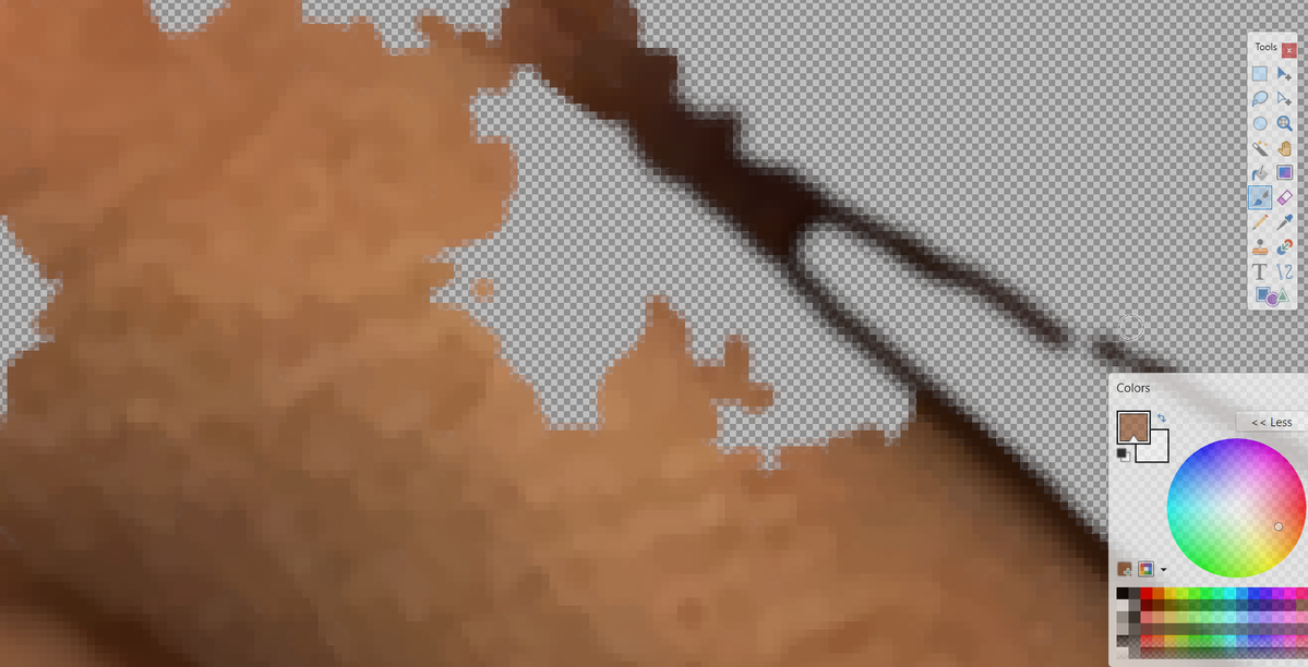 A screenshot of a digital painting software (Paint Tool SAI 2) showing a partially completed artwork with brown and dark tones, with transparent background visible.