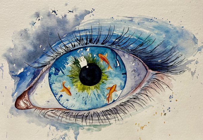 A watercolor painting features a single blue eye where the iris contains an underwater scene with swimming goldfish and green aquatic plants.