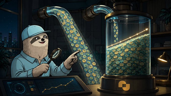 A cartoon illustration shows a smiling sloth in a blue cap and shirt using a magnifying glass to examine a stream of smiley-face tokens flowing through a tube into a glass container, with an analytics dashboard displayed.