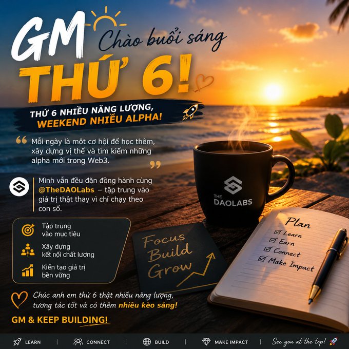 A motivational 'GM Thứ 6!' (Good Morning Friday) graphic from The DAO Labs featuring a sunrise beach scene, a coffee mug, and a notebook with Focus/Build/Grow messaging.