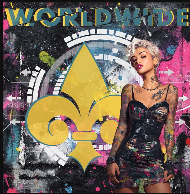 Album cover art titled 'WORLDWIDE' featuring a tattooed woman with short blonde hair in a black corset dress, posed against a graffiti-style background with a large yellow fleur-de-lis symbol.