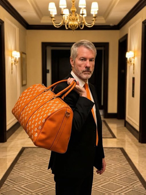 A middle-aged man with gray hair and beard, wearing a black suit with an orange tie, stands in an upscale hotel hallway holding a large orange duffel bag with a monogram pattern.
