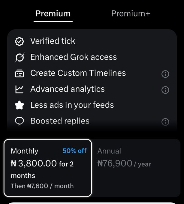 The image shows X's Premium subscription page highlighting a 50% off monthly deal at ₦3,800 for 2 months (renewing at ₦7,600/month) or ₦76,900/year, with features like a verified tick, enhanced Grok access, custom timelines, and advanced analytics. The caption's teasing tone about "excuses for not having a blue checkmark" directly references the discounted Premium plan offering shown here, encouraging users to subscribe at the promotional price.