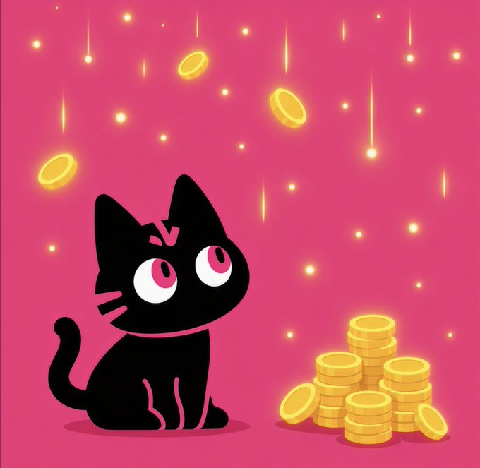 A black cat with large pink eyes sits beside a pile of glowing gold coins against a vibrant pink background dotted with sparkles, symbolizing accumulated wealth and rewards. The image illustrates the post's message about points stacking and earning toward a higher rank, with the coins representing accumulated rewards that are "earned, never spent."
