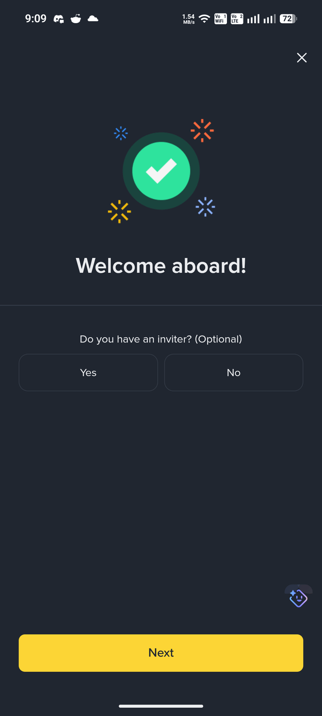 The image shows a phone screen displaying an app called "Binance", which appears to be a trading platform for cryptocurrencies, such as Bitcoin. The app has a green checkmark symbolizing a successful registration or login process. The background of the image is black with white text and icons representing the app's features and functions.