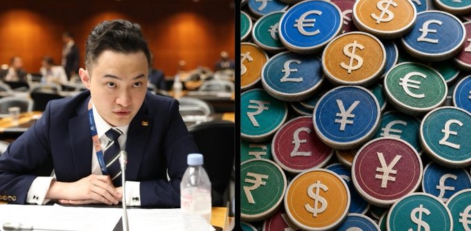 The image shows Justin Sun in a suit at what appears to be a conference on the left, alongside a colorful display of various currency symbols (€, $, £, ¥, ₹) on coins on the right, visually representing the global currency landscape that the CLARITY Act and stablecoin expansion could disrupt by potentially multiplying U.S. digital dollar issuers to 1,000.