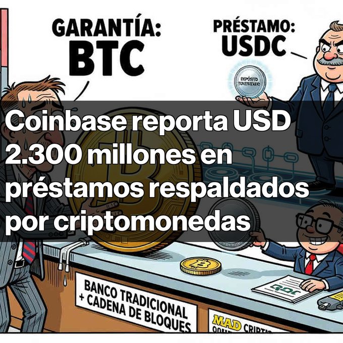 A Spanish-language cartoon about cryptocurrency loans with text reading 'GARANTÍA: BTC' and 'PRÉSTAMO: USDC', along with an overlaid caption 'Coinbase reporta USD 2.300 millones en préstamos respaldados por criptomonedas' and 'BANCO TRADICIONAL + CADENA DE BLOQUES'.