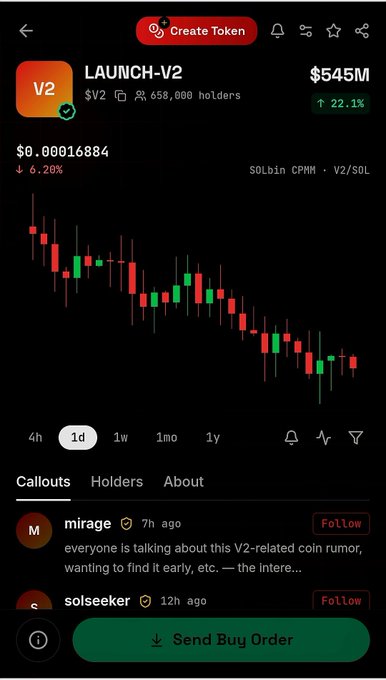 A mobile trading interface shows a token named 'LAUNCH-V2' with a market cap of $545M, a 1d price drop of 6.20%, a candle chart on SOLbin CPMM/V2/SOL, and callouts from 'mirage' and 'solseeker'.