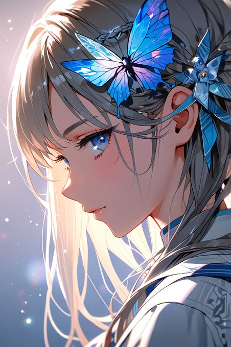 An anime-style digital illustration of a girl with silver-gray hair and blue eyes, adorned with blue and purple butterfly hair accessories.