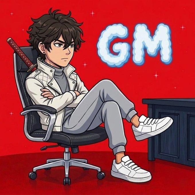The image features a cartoon man sitting in an office chair, wearing a white jacket and gray pants with white shoes. The background of the scene has various colors, giving it a vibrant look. There's text that reads "Good Morning All My X Family GM @perx_trade PerX is one of the most active applications in Nomisma Season". In the context of this image, the cartoon man could be described as being a character from an animated series or movie related to the post, where he would use his office chair and laptop for work.