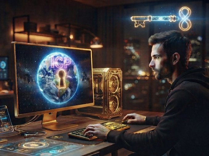 AI-generated image of a man at a computer setup with a monitor displaying 'ICP' (Internet Computer) with a keyhole on Earth, alongside an ornate crypto-mining rig.