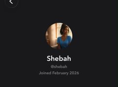 A user profile screen for 'Shebah' (@shebah) showing a small profile photo and the text 'Joined February 2026'.