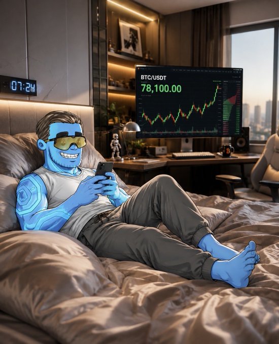 A stylized digital illustration depicts a blue-skinned character with yellow goggles lounging in bed while looking at a smartphone, with a computer monitor behind them displaying 'BTC/USDT' at '78,100.00' on a green candlestick chart.