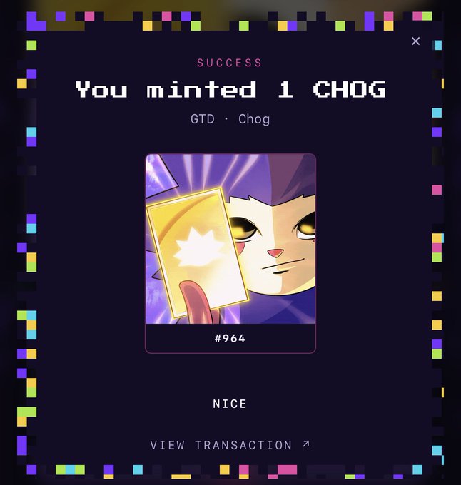 A dark success notification screen displaying 'You minted 1 CHOG' with 'GTD · Chog' underneath, showing NFT card #964 featuring a purple cartoon cat character holding a glowing yellow card.