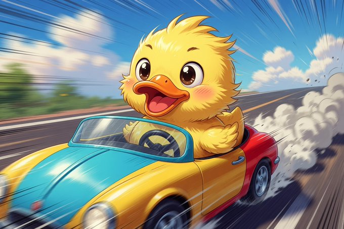 An illustration of a cute yellow duck driving a yellow and blue convertible car at high speed on a road.