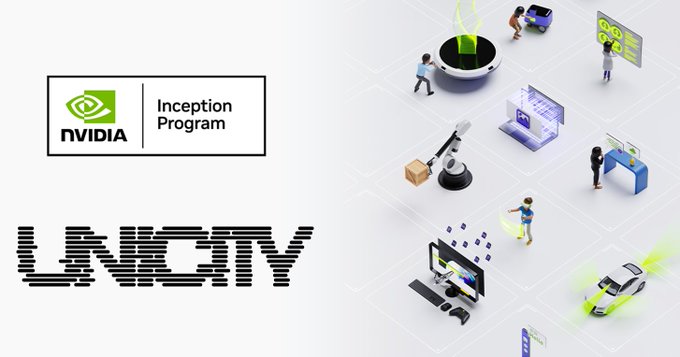 A graphic showing the NVIDIA Inception Program logo alongside an illustration of a tech city featuring robotic arms, self-driving cars, and digital interfaces, with 'LNICITY' branding.