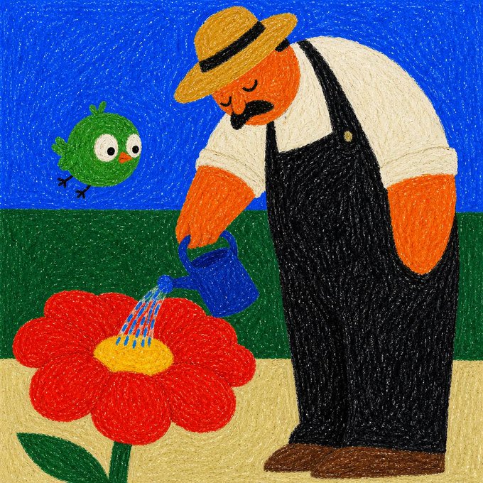A whimsical crayon-style illustration shows a large orange man in a straw hat and black overalls watering an oversized red flower with a blue watering can, while a small green bird watches from the side. The artwork evokes a playful "little worlds" aesthetic that mirrors the charming and community-focused spirit of the Robin & Hood NFT collection, which capped its genesis at 420 pieces and rewarded mainnet minters with a 2:1 airdrop.