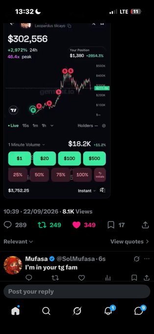 A social media app screenshot displaying a token price chart for 'Leopardus ilicayo' at $302,556 with a 24h gain of 2.972%, showing $18.2K 1-minute volume.