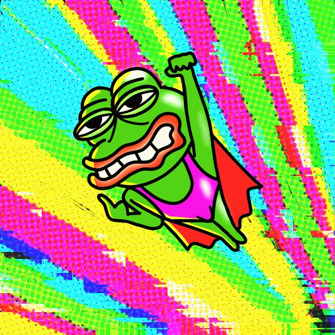 A colorful, psychedelic-style illustration of the Pepe the Frog meme character wearing sunglasses, a pink tank top, and a red cape, posed triumphantly against a glitchy, brightly colored background.