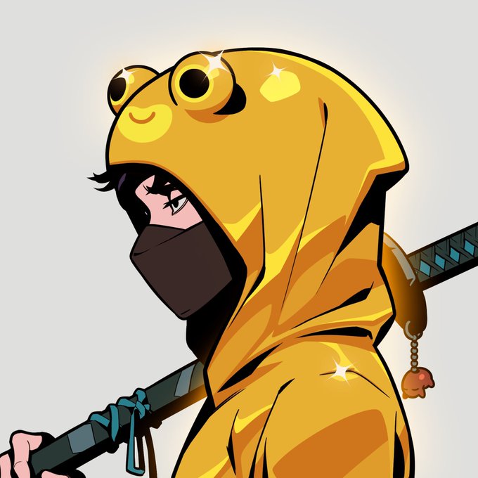 An anime-style illustration shows a character wearing a yellow frog hoodie with large eyes on the hood, a dark face mask, and holding a sword, with a small frog charm dangling from their outfit.