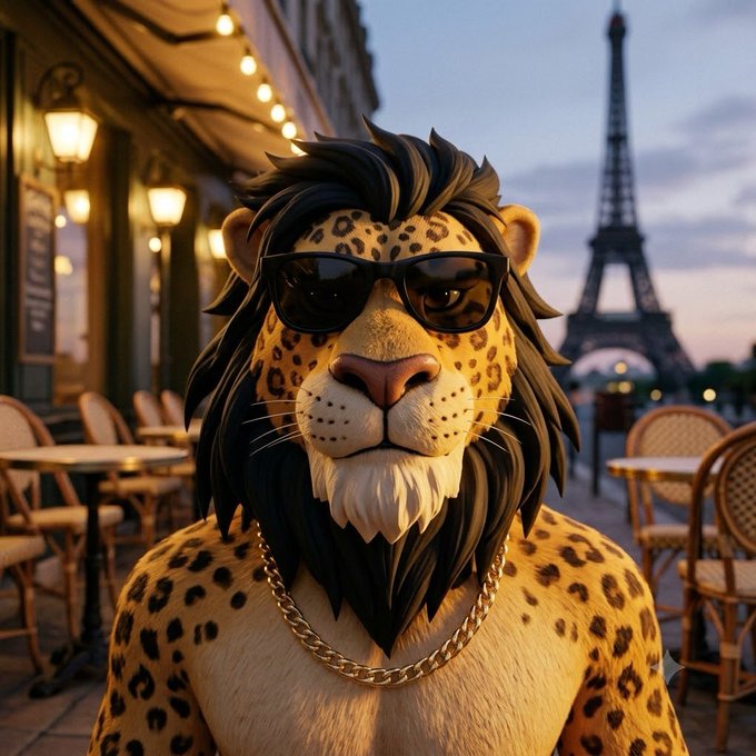 An AI-generated image of a stylized leopard wearing sunglasses and a gold chain necklace, posed in front of the Eiffel Tower and an outdoor Parisian café.