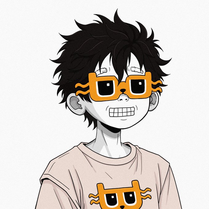 An anime-style illustration of a character with messy black hair, pale skin, and orange cat-shaped glasses, wearing a beige t-shirt featuring a matching cat face design.