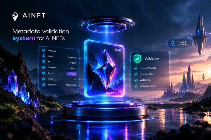A promotional graphic for 'AINFT' featuring a glowing crystalline NFT on a futuristic pedestal, with text reading 'Metadata validation system for AI NFTs' and panels showing metadata details and validation status against a fantasy landscape.