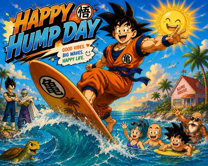 A vibrant anime-style illustration features Goku surfing on a "Kame House" branded board alongside Dragon Ball characters like Vegeta, Piccolo, Krillin, and Master Roshi, with text reading "HAPPY HUMP DAY" and "Good Vibes. Big Waves. Happy Life." The surfing imagery directly complements the post's wave-riding theme, celebrating midweek with the "HUMP DAY" pun and "halftime show" reference.
