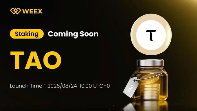A WEEX promotional graphic announces that $TAO staking is "Coming Soon," featuring the Weex logo, a jar of golden coins with a TAO token hovering above, and the launch date "2026/08/24 10:00 UTC+0." The image visually reinforces the announcement of flexible TAO staking with an estimated 1% APR on the WEEX platform.