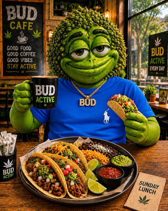 A colorful advertisement for 'Bud Cafe' featuring a green alien-like mascot holding a 'Bud Active' mug and a taco, seated at a table with tacos and sides, with signs reading 'GOOD FOOD GOOD COFFEE GOOD VIBES STAY ACTIVE' and 'SUNDAY LUNCH'.