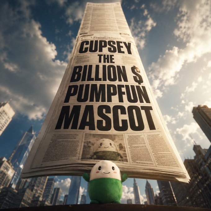 Whimsical image of a green and white toad-like mascot holding a giant newspaper with the headline 'CUPSEY THE BILLION $ PUMPFUN MASCOT' against a city skyline.