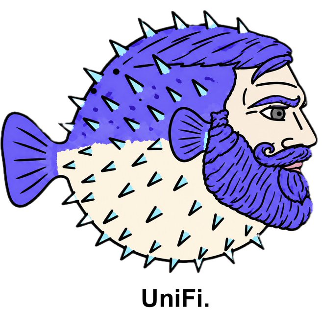 A cartoon logo of a bearded man merged with a blue pufferfish body, labeled 'UniFi.'