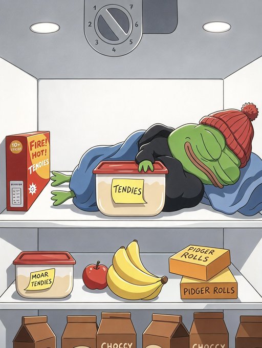Cartoon illustration of a sad Pepe the Frog wearing a red beanie, wrapped in a blanket inside a refrigerator, hugging a container labeled 'TENDIES' with 'FIRE! HOT! TENDIES' cereal box, bananas, an apple, and 'PIDGER ROLLS' boxes nearby.